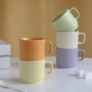 Ribbed Striped Ceramic Mug Macaron Color Minimalist Coffee Tea Cup Stackable Design Porcelain Drinkware Kitchen Office