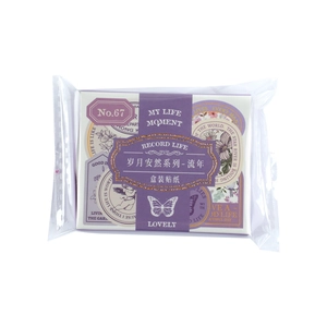 Vintage gold foil stickers in lavender and beige featuring butterfly and flower motifs