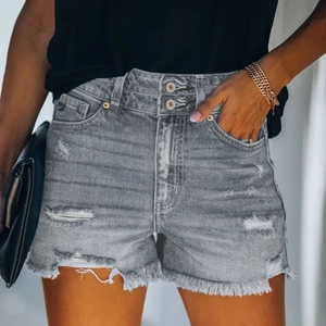 Short en jean gris taille haute pour femme avec effet déchiré, double boutonnage et franges