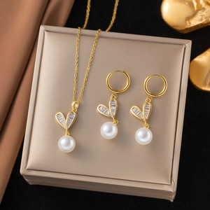 Heart Zircon Artificial Pearl Jewelry Necklace And Earrings Stainless Steel Gold Plated Elegant Romantic Fashion For Women