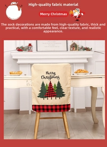 Close-up of linen Christmas chair cover with buffalo plaid trim and festive tree prints