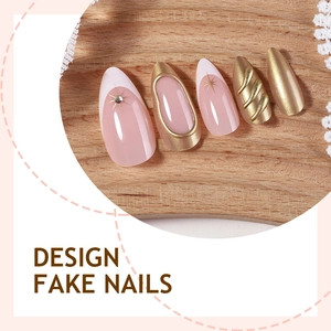 Luxury gold embossed almond press-on nails with white French tips and star accents