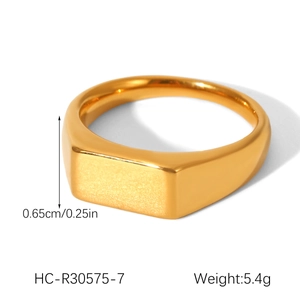 Detail view of 18k gold plated square signet ring showing 0.65cm height and 5.4g weight