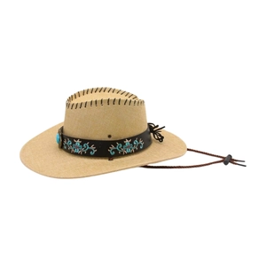 Detailed view of western straw hat featuring ethnic embroidery and turquoise beads