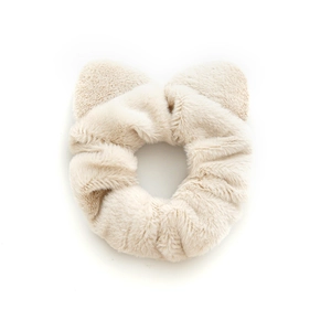 Beige plush scrunchie with cute cat ears for women, soft faux fur hair tie accessory