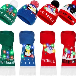 Detail of Christmas knitted hat and scarf sets with LED lights and holiday motifs