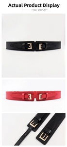 Detail view of stylish elastic belts with double gold buckles in black and red colors