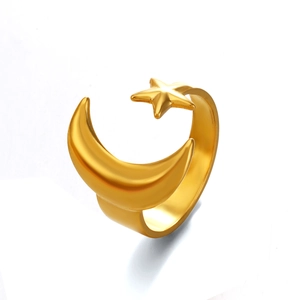 Minimalist gold stainless steel open ring with celestial moon and star patterns