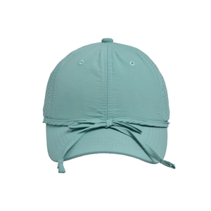 Detail of mint green breathable cap with laser-cut side vents and decorative bow