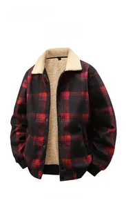 Close-up of red and black plaid jacket with warm lamb wool collar and metal snap buttons