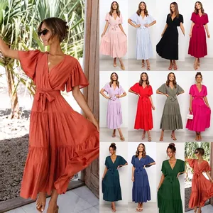 Vestido largo bohemio de manga corta con cuello en V y cintura alta en 12 colores