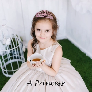 Pink rhinestones Birthday Girl princess crown tiara worn by a girl at a party scene