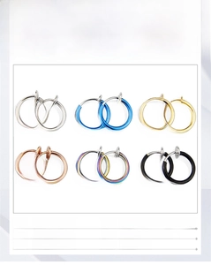 Detail of 316L stainless steel clip-on earrings in silver, blue, gold and black finishes
