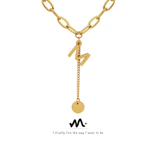 Stainless Steel Gold Plated Letter M Initial Pendant Necklace For Women Chunky Chain Dangle Round Disc Charm Fashion Jewelry