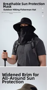 Detail of wide brim sun hat with detachable face mask and neck flap for outdoor fishing