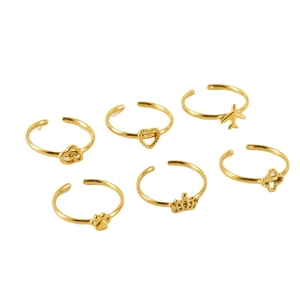 6pcs adjustable 18k gold plated stainless steel rings featuring heart and crown designs
