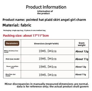 Detail specifications for fabric angel girl ornaments with pointed hats and plaid skirts
