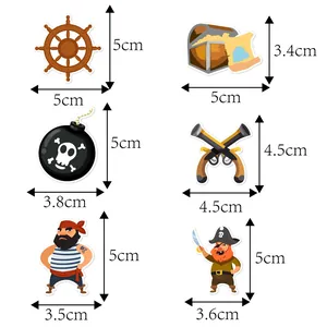 Size chart for pirate theme party cake toppers featuring various character and prop dimensions