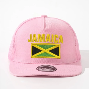 Detail view of pink Jamaica embroidery and flag on the front of a flat brim trucker hat