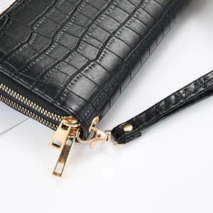 Black crocodile pattern long wallet for women with double gold zippers and wristlet strap