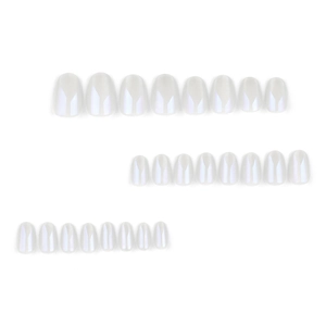 Pearlescent white aurora press-on nail kit in almond shape on white background