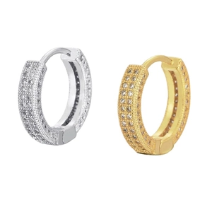 Minimalist full diamond pavé hoop earrings in silver and gold with beaded edge finish