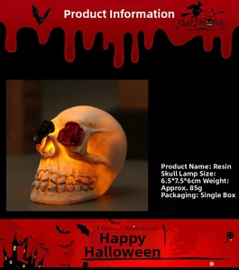 Detail of LED skull lamp with roses showing dimensions 6.5x7.5x6cm for Halloween