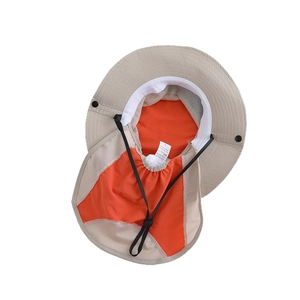 55cm kids outdoor sun hat with neck flap and mesh ventilation in khaki and orange