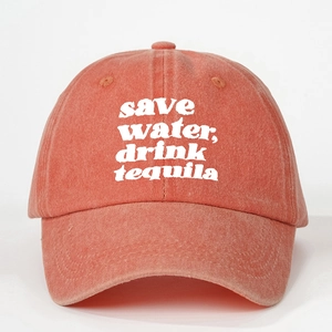 Coral washed cotton baseball cap with Save Water Drink Tequila embroidery for sun protection
