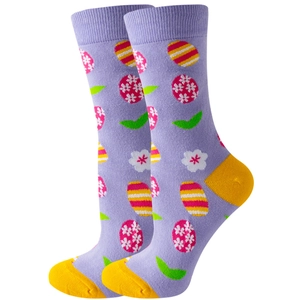 Detail of purple mid-calf socks with colorful Easter eggs and flower patterns