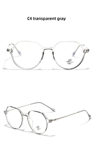 Detail view of transparent grey TR90 geometric frames with slim silver metal temples