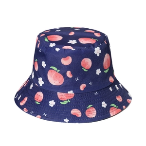 Dark blue sun hat with pink peach prints and white flowers for women in summer fashion