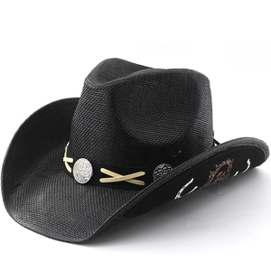 Western Cowboy Hat Straw Woven Wide Curved Brim Sun Protection Ethnic Jazz Style For Men And Women Retro Metal Decorative