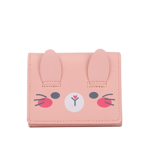 Pink PU leather short wallet featuring cute bunny ears and a cartoon rabbit face design