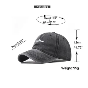 Size chart showing circumference, brim, and height of the washed cotton baseball cap