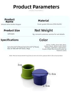 Detailed FDA food grade silicone wine stoppers in multiple colors with size specifications