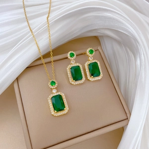 Detailed macro view of the luxury emerald gemstone necklace and earring set in a box