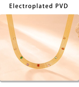 Detail of PVD plated gold mesh necklace featuring vibrant multi-colored zircon stones