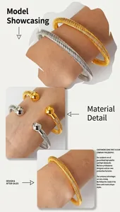Detailed close-up of textured gold and silver twist bangles with ball ends on wrist