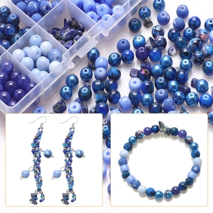 Blue glass beads set for jewelry making including cracked stone and organizer box