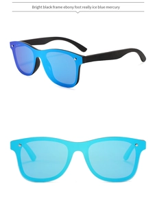 Detail of bamboo wood sunglasses with ebony arms and ice blue mirrored lenses