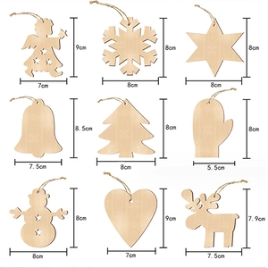 Set of 9 DIY wooden Christmas tree ornaments with dimensions on white background