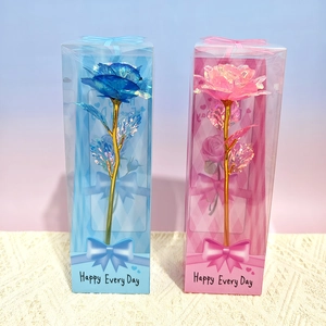 Blue and pink foil roses in gift boxes with Happy Every Day text on textured background