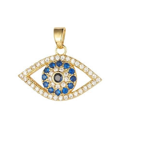 Exquisite golden evil eye pendant featuring sparkling blue and clear cubic zirconia stones