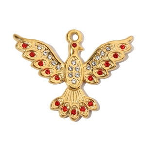 Detailed close-up of a luxury gold-plated pigeon pendant with red and white zircons
