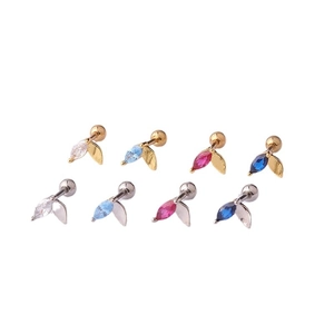 Leaf shaped stainless steel screw back earrings with colorful marquise zircon stones