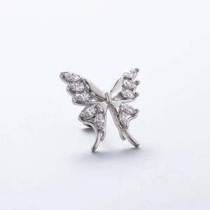Silver butterfly screw back earrings with sparkling zircon crystals on white background