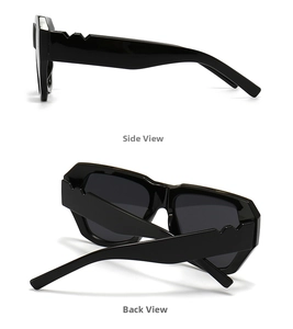 Detail view showing side and back angles of trendy butterfly rivet geometric sunglasses