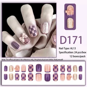Press-on nails D171 with taro purple checkerboard design and cute 3D bows, 24 pieces set