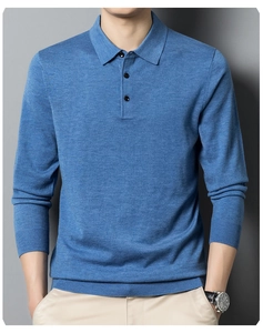 Detail of blue men's knitted polo shirt featuring classic collar and three-button placket